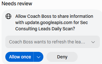 A real agent permission prompt asking a human to allow the connection