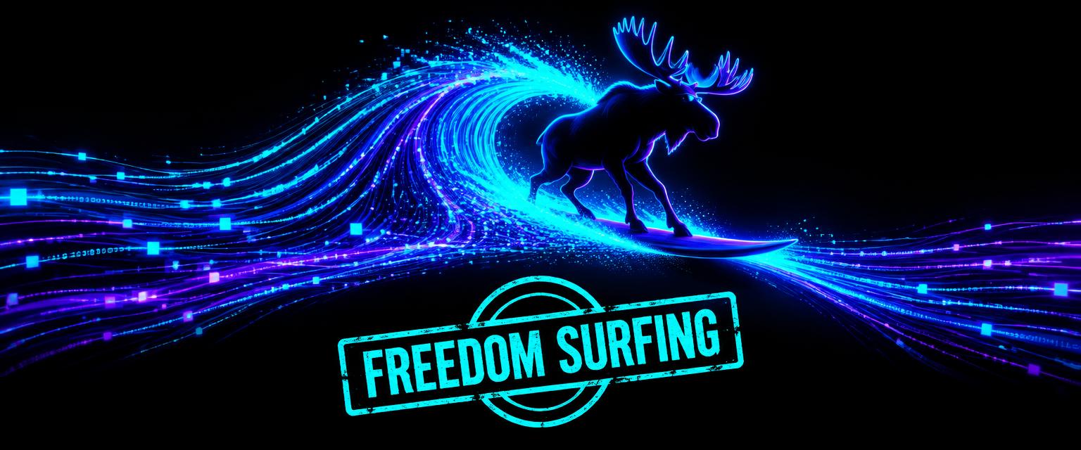 A moose surfing a wave of glowing data streams, stamped Freedom Surfing